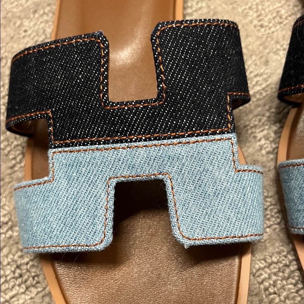 Hermes Two-Tone Denim H Slide Sandals in Black and Blue - Picture 2 of 6